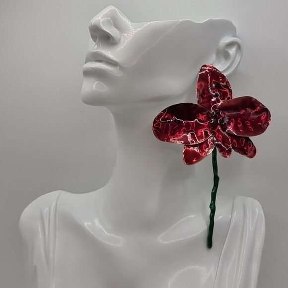 New ZARA Red Enamel Flower statement earrings - Picture 8 of 15